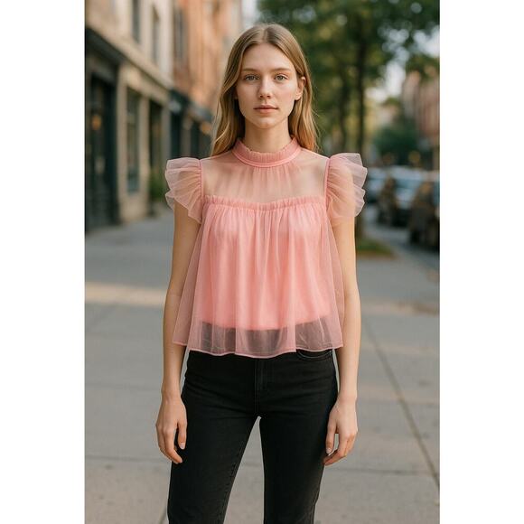 BiBi Tops - Bibi Flutter Sleeve High Neck Chiffon Blouse Top Pink Women's Size Medium NWT